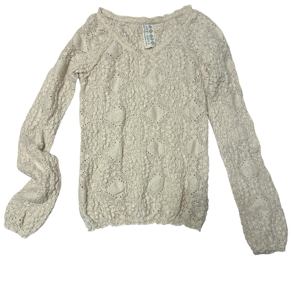 Free People Ivory Boho Crochet Lace Long Sleeve Top Size XSmall
